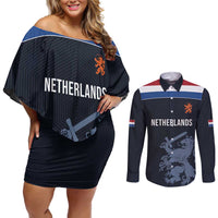 Custom World Football 2026 Netherlands Couples Matching Off Shoulder Short Dress and Long Sleeve Button Shirt Holland Navy Dutch Lion - Wonder Print Shop