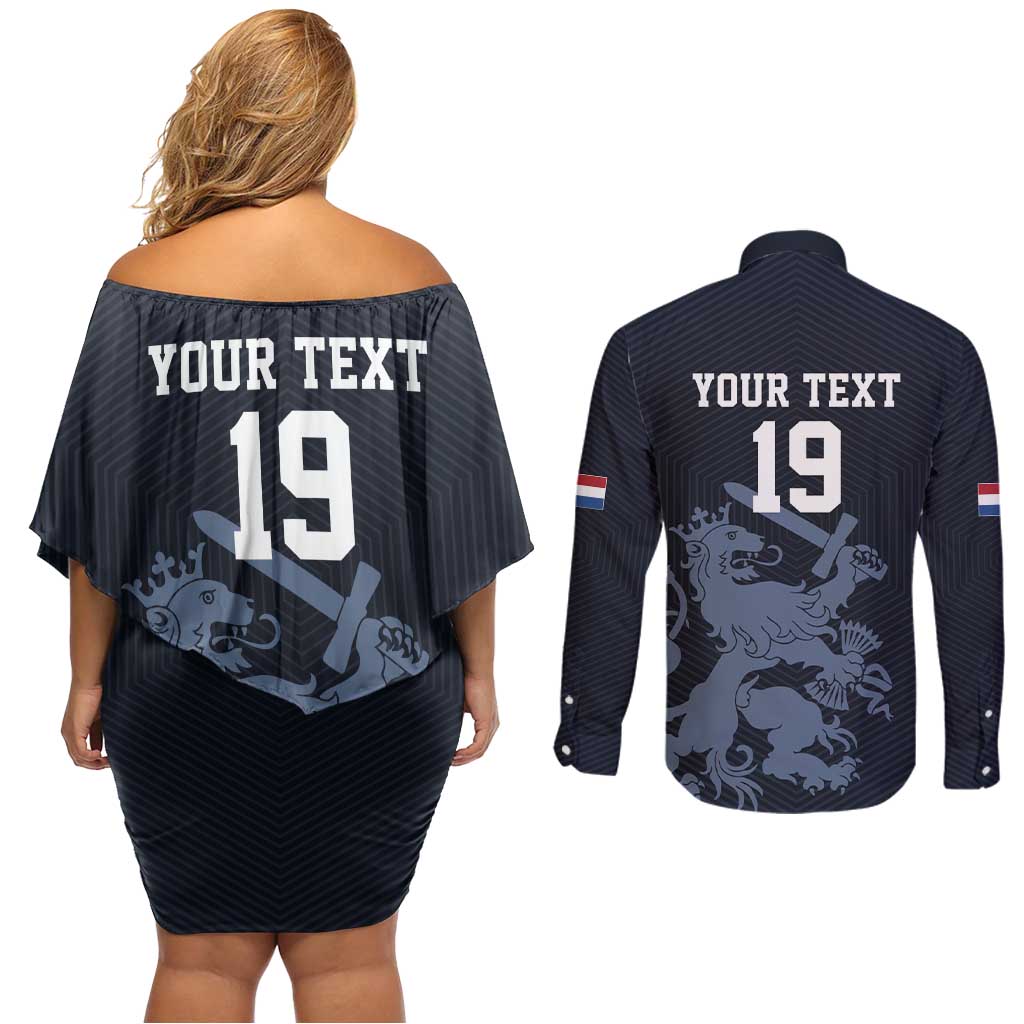 Custom World Football 2026 Netherlands Couples Matching Off Shoulder Short Dress and Long Sleeve Button Shirt Holland Navy Dutch Lion - Wonder Print Shop