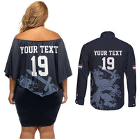 Custom World Football 2026 Netherlands Couples Matching Off Shoulder Short Dress and Long Sleeve Button Shirt Holland Navy Dutch Lion - Wonder Print Shop
