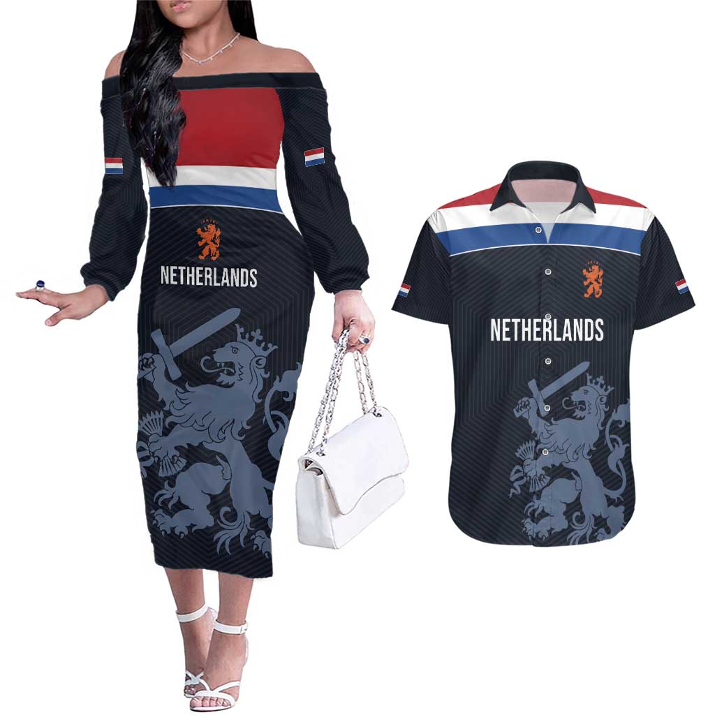 Custom World Football 2026 Netherlands Couples Matching Off The Shoulder Long Sleeve Dress and Hawaiian Shirt Holland Navy Dutch Lion - Wonder Print Shop