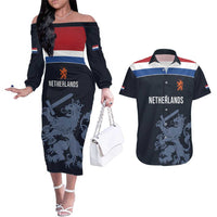 Custom World Football 2026 Netherlands Couples Matching Off The Shoulder Long Sleeve Dress and Hawaiian Shirt Holland Navy Dutch Lion - Wonder Print Shop