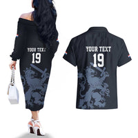 Custom World Football 2026 Netherlands Couples Matching Off The Shoulder Long Sleeve Dress and Hawaiian Shirt Holland Navy Dutch Lion - Wonder Print Shop