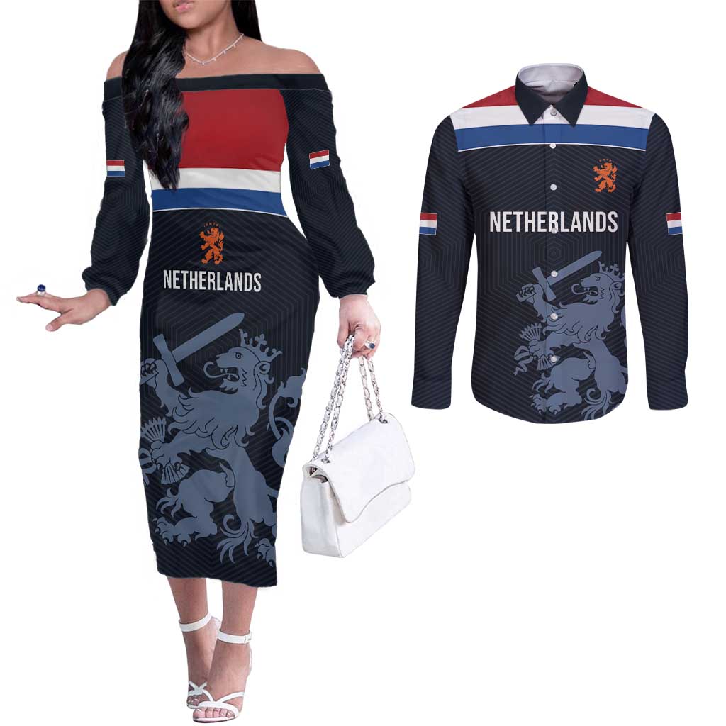 Custom World Football 2026 Netherlands Couples Matching Off The Shoulder Long Sleeve Dress and Long Sleeve Button Shirt Holland Navy Dutch Lion - Wonder Print Shop
