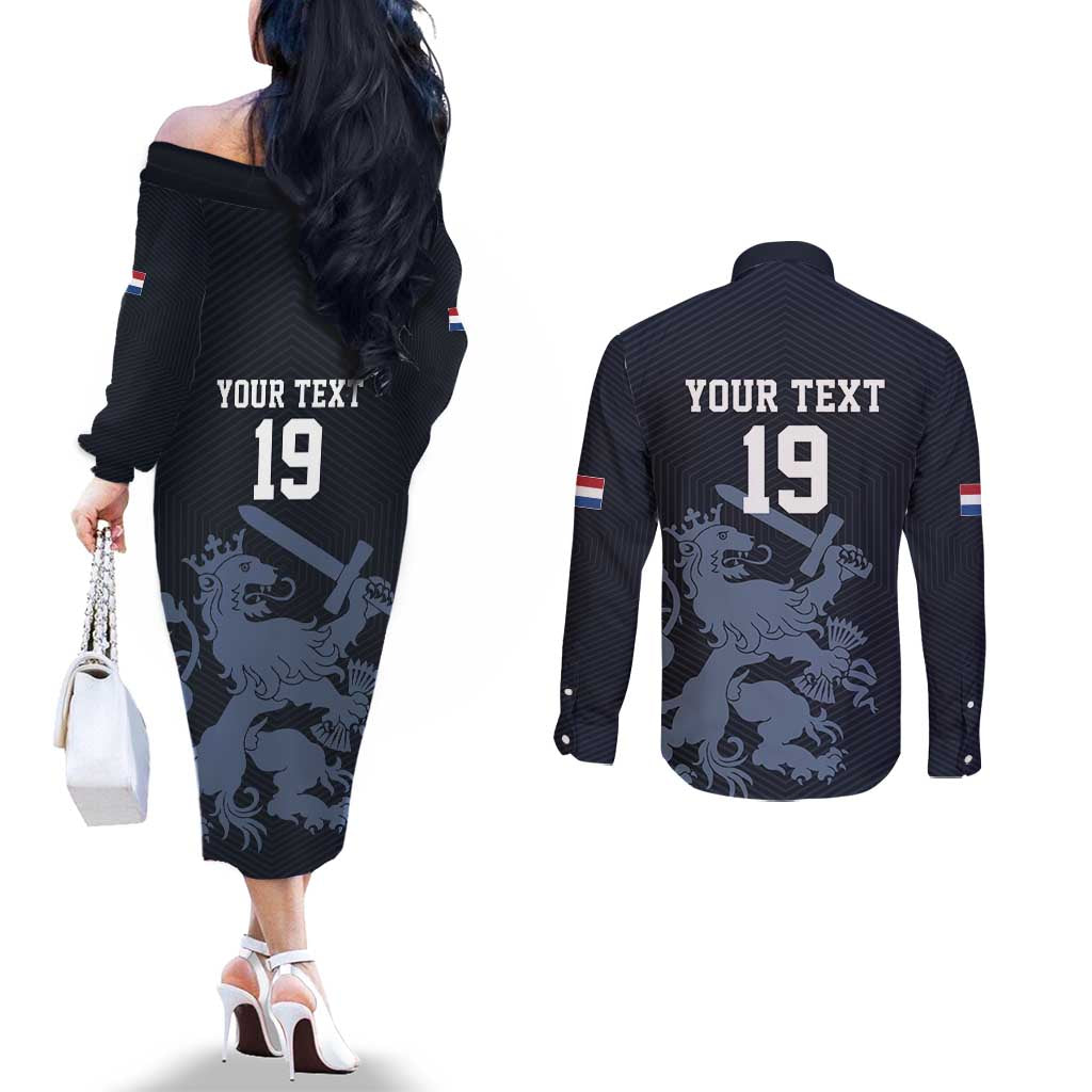 Custom World Football 2026 Netherlands Couples Matching Off The Shoulder Long Sleeve Dress and Long Sleeve Button Shirt Holland Navy Dutch Lion - Wonder Print Shop