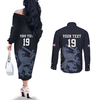Custom World Football 2026 Netherlands Couples Matching Off The Shoulder Long Sleeve Dress and Long Sleeve Button Shirt Holland Navy Dutch Lion - Wonder Print Shop
