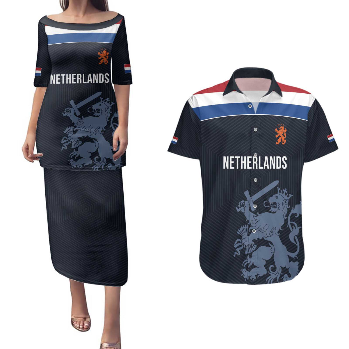 Custom World Football 2026 Netherlands Couples Matching Puletasi and Hawaiian Shirt Holland Navy Dutch Lion - Wonder Print Shop