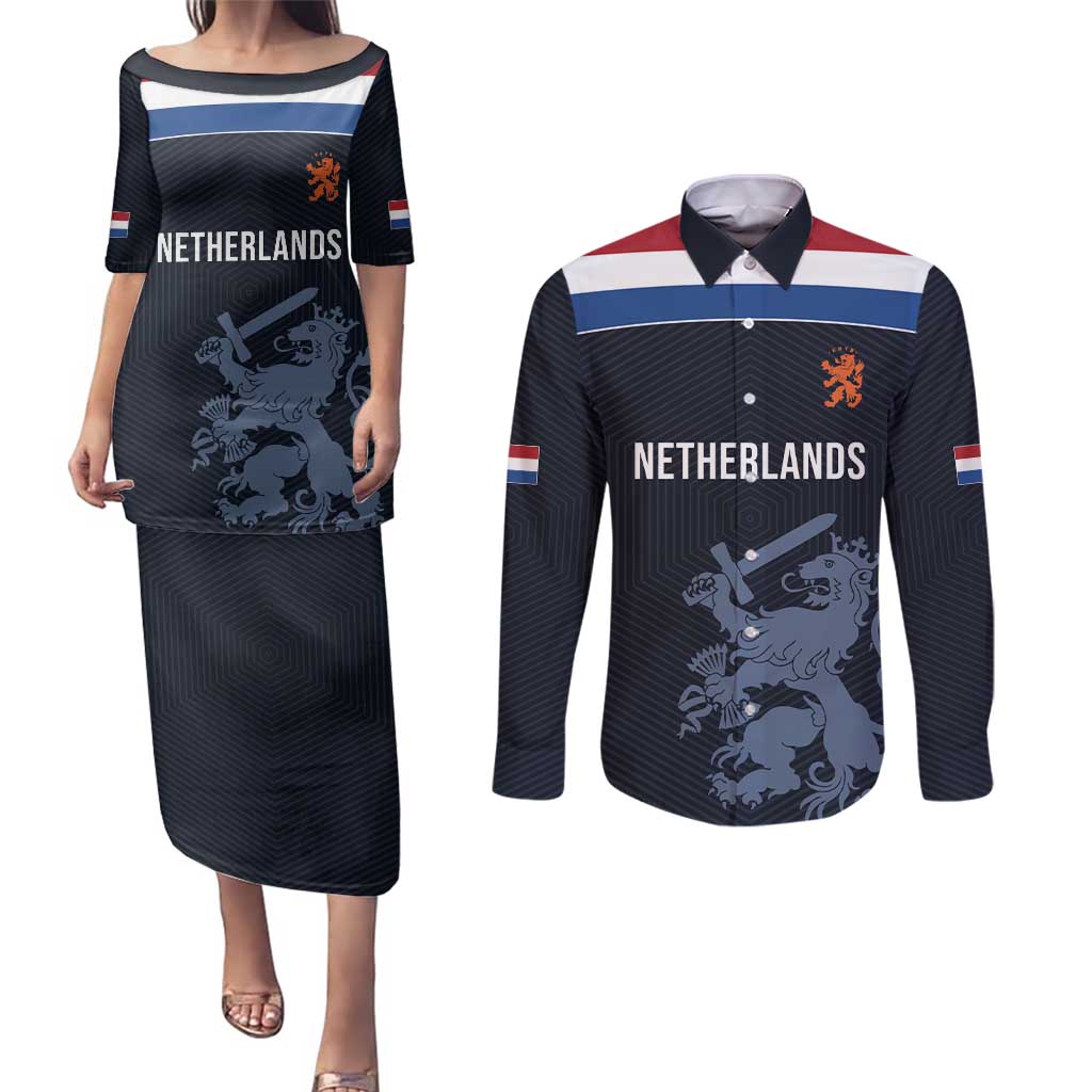 Custom World Football 2026 Netherlands Couples Matching Puletasi and Long Sleeve Button Shirt Holland Navy Dutch Lion - Wonder Print Shop