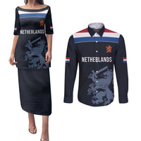 Custom World Football 2026 Netherlands Couples Matching Puletasi and Long Sleeve Button Shirt Holland Navy Dutch Lion - Wonder Print Shop