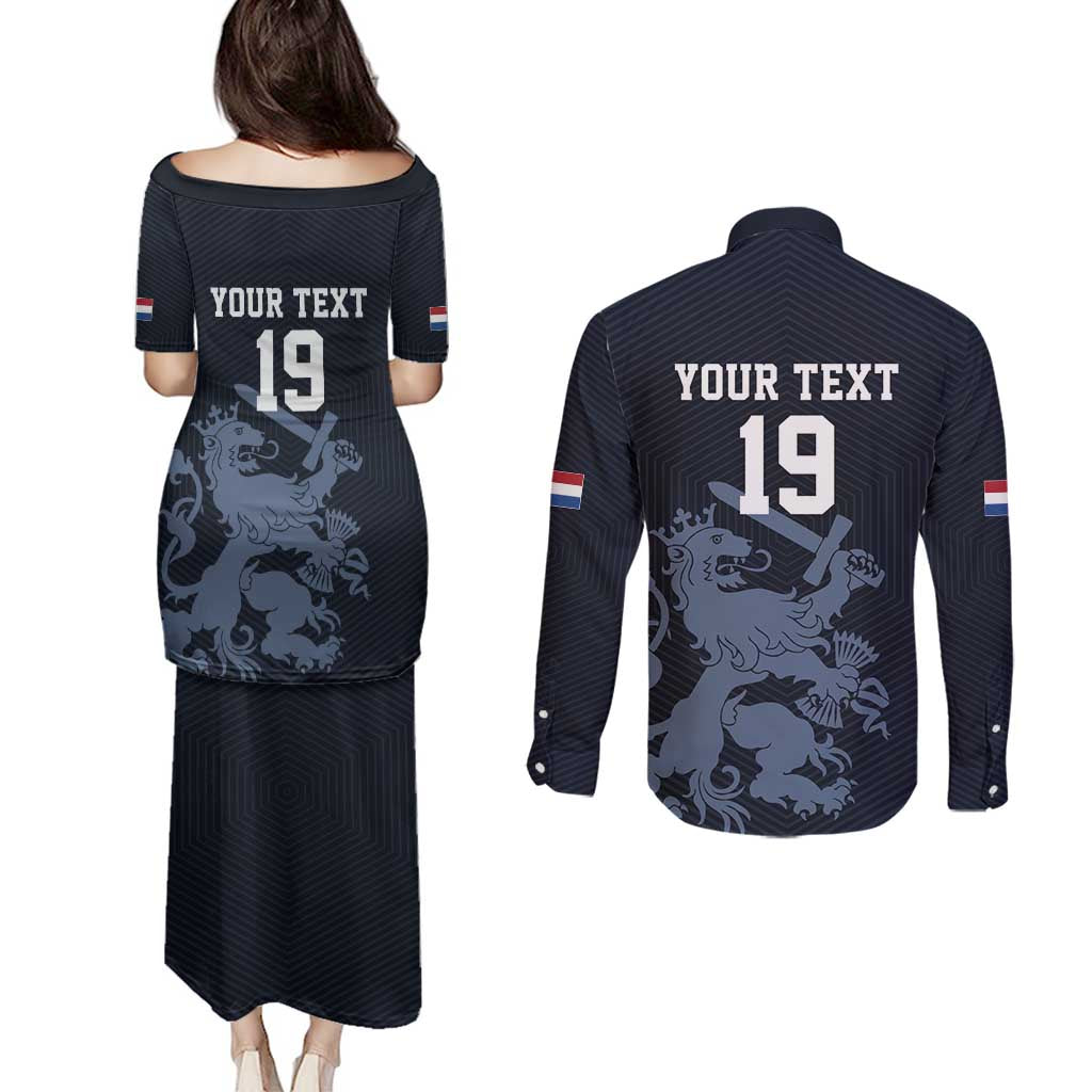 Custom World Football 2026 Netherlands Couples Matching Puletasi and Long Sleeve Button Shirt Holland Navy Dutch Lion - Wonder Print Shop