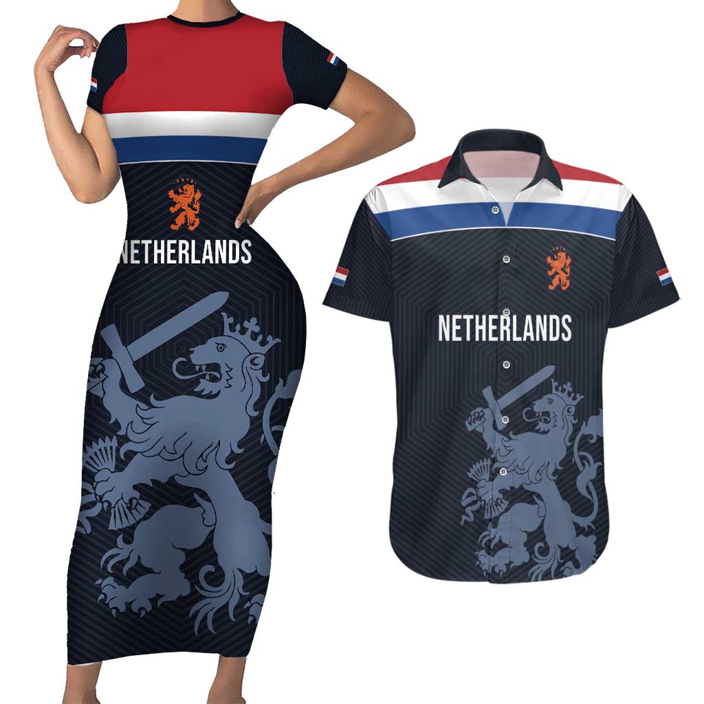 Custom World Football 2026 Netherlands Couples Matching Short Sleeve Bodycon Dress and Hawaiian Shirt Holland Navy Dutch Lion - Wonder Print Shop