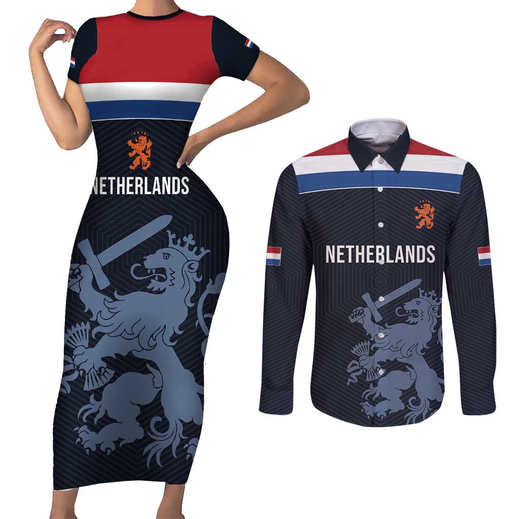 Custom World Football 2026 Netherlands Couples Matching Short Sleeve Bodycon Dress and Long Sleeve Button Shirt Holland Navy Dutch Lion - Wonder Print Shop
