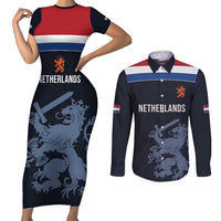 Custom World Football 2026 Netherlands Couples Matching Short Sleeve Bodycon Dress and Long Sleeve Button Shirt Holland Navy Dutch Lion - Wonder Print Shop