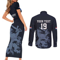 Custom World Football 2026 Netherlands Couples Matching Short Sleeve Bodycon Dress and Long Sleeve Button Shirt Holland Navy Dutch Lion - Wonder Print Shop