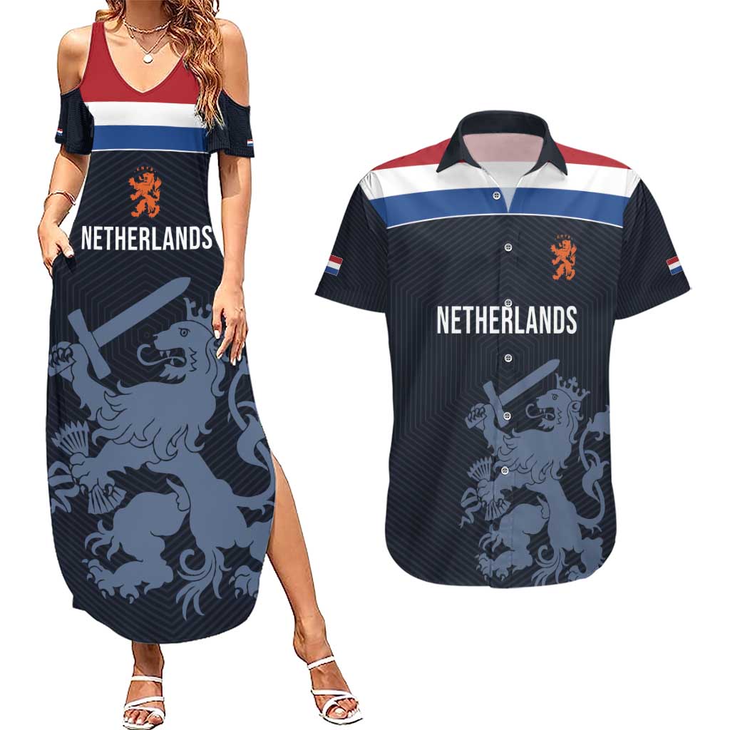 Custom World Football 2026 Netherlands Couples Matching Summer Maxi Dress and Hawaiian Shirt Holland Navy Dutch Lion - Wonder Print Shop