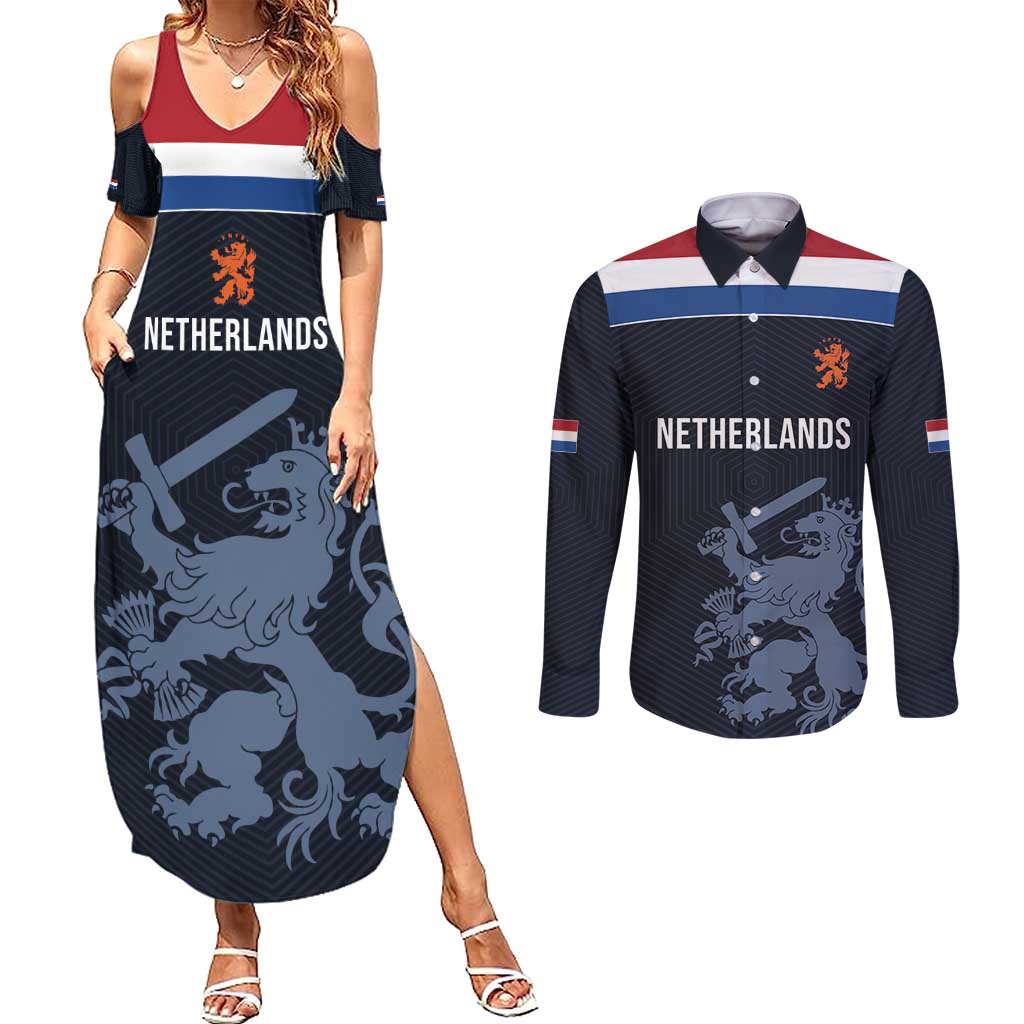 Custom World Football 2026 Netherlands Couples Matching Summer Maxi Dress and Long Sleeve Button Shirt Holland Navy Dutch Lion - Wonder Print Shop