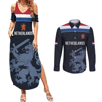 Custom World Football 2026 Netherlands Couples Matching Summer Maxi Dress and Long Sleeve Button Shirt Holland Navy Dutch Lion - Wonder Print Shop