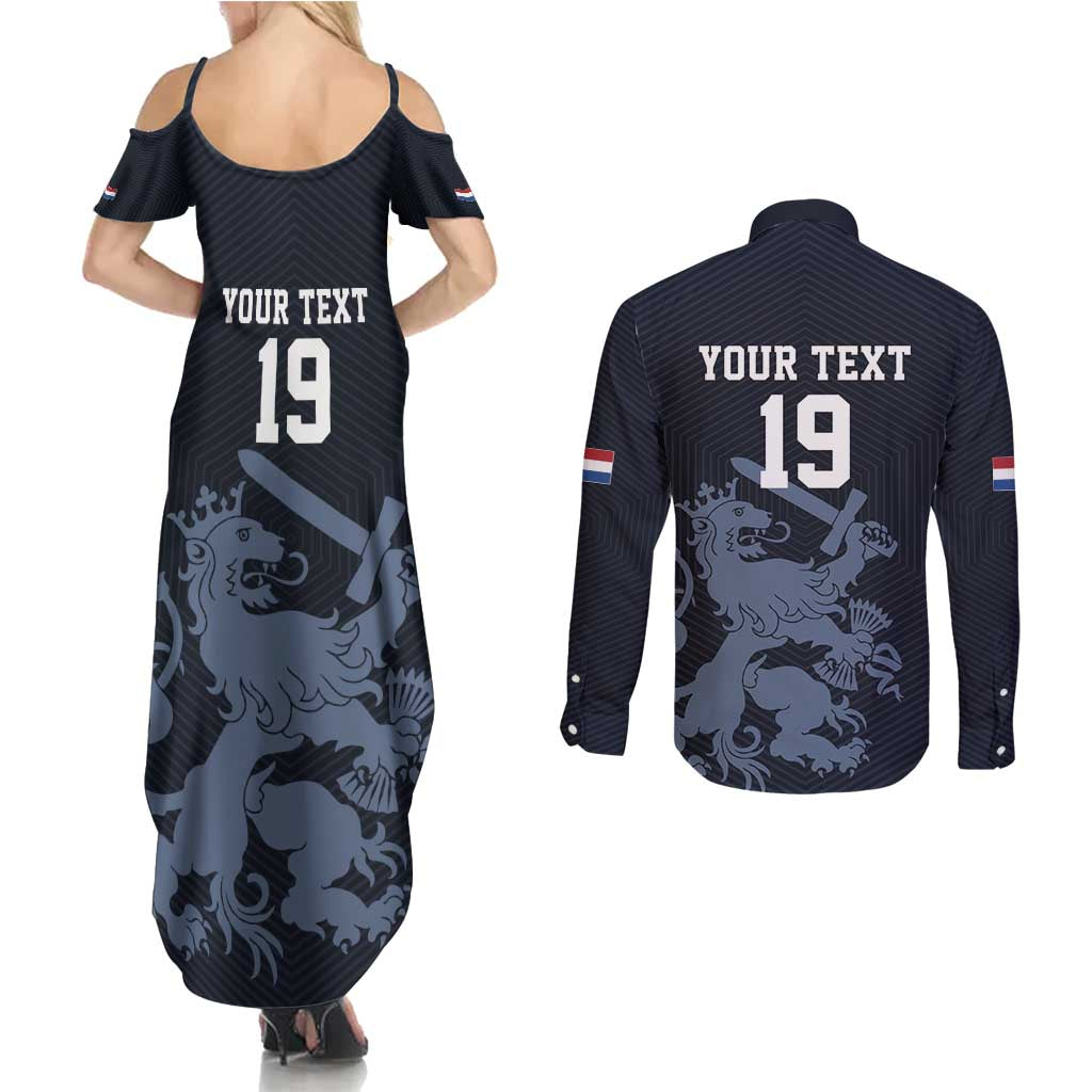 Custom World Football 2026 Netherlands Couples Matching Summer Maxi Dress and Long Sleeve Button Shirt Holland Navy Dutch Lion - Wonder Print Shop