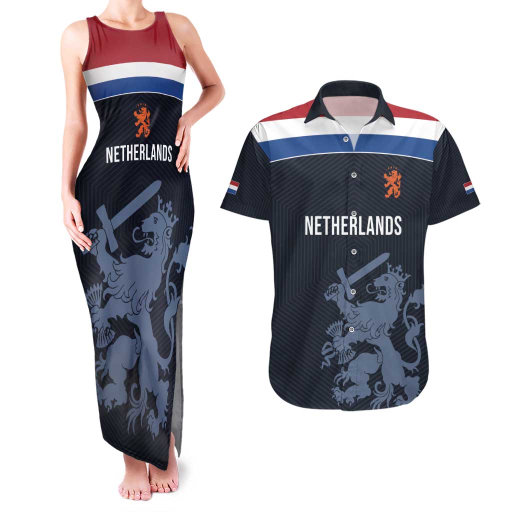 Custom World Football 2026 Netherlands Couples Matching Tank Maxi Dress and Hawaiian Shirt Holland Navy Dutch Lion - Wonder Print Shop