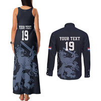 Custom World Football 2026 Netherlands Couples Matching Tank Maxi Dress and Long Sleeve Button Shirt Holland Navy Dutch Lion - Wonder Print Shop