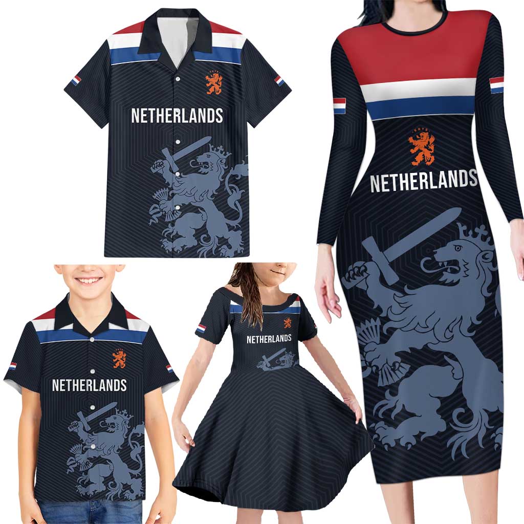 Custom World Football 2026 Netherlands Family Matching Long Sleeve Bodycon Dress and Hawaiian Shirt Holland Navy Dutch Lion - Wonder Print Shop