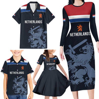 Custom World Football 2026 Netherlands Family Matching Long Sleeve Bodycon Dress and Hawaiian Shirt Holland Navy Dutch Lion - Wonder Print Shop