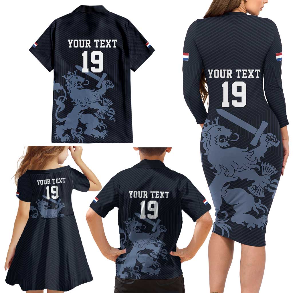 Custom World Football 2026 Netherlands Family Matching Long Sleeve Bodycon Dress and Hawaiian Shirt Holland Navy Dutch Lion - Wonder Print Shop