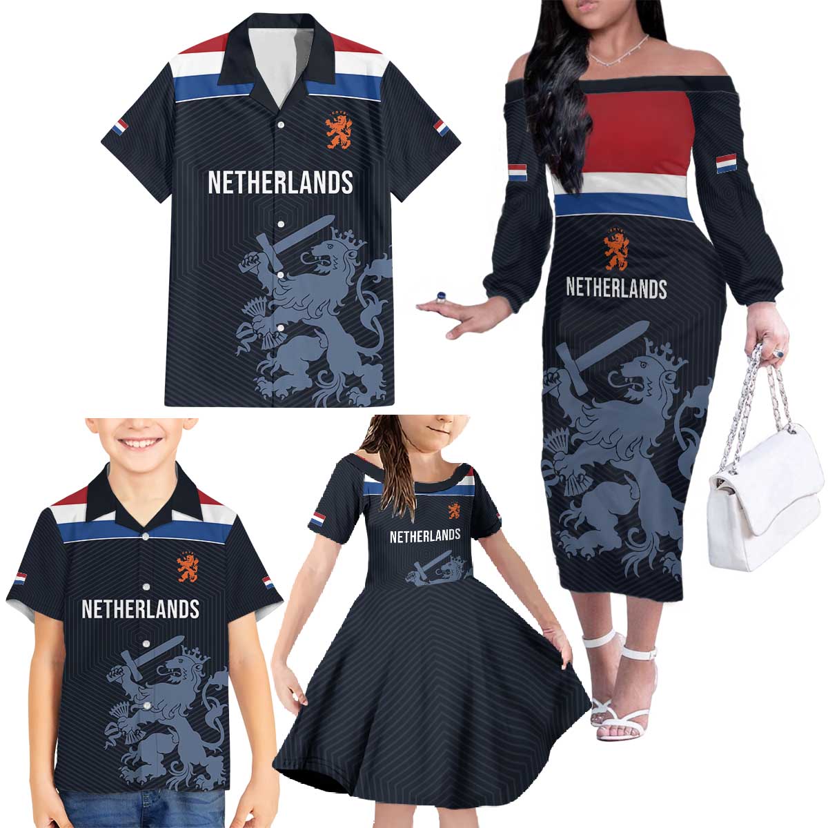 Custom World Football 2026 Netherlands Family Matching Off The Shoulder Long Sleeve Dress and Hawaiian Shirt Holland Navy Dutch Lion - Wonder Print Shop