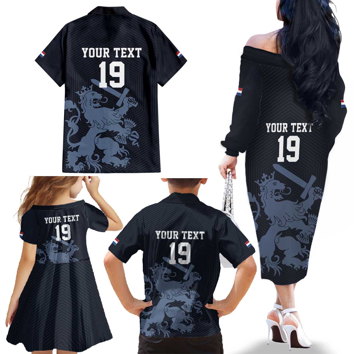 Custom World Football 2026 Netherlands Family Matching Off The Shoulder Long Sleeve Dress and Hawaiian Shirt Holland Navy Dutch Lion - Wonder Print Shop