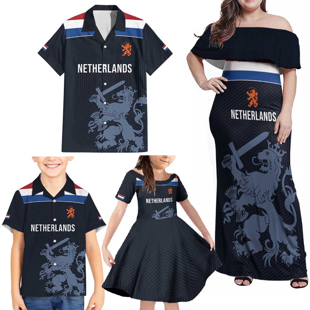Custom World Football 2026 Netherlands Family Matching Off Shoulder Maxi Dress and Hawaiian Shirt Holland Navy Dutch Lion - Wonder Print Shop