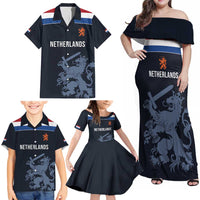 Custom World Football 2026 Netherlands Family Matching Off Shoulder Maxi Dress and Hawaiian Shirt Holland Navy Dutch Lion - Wonder Print Shop