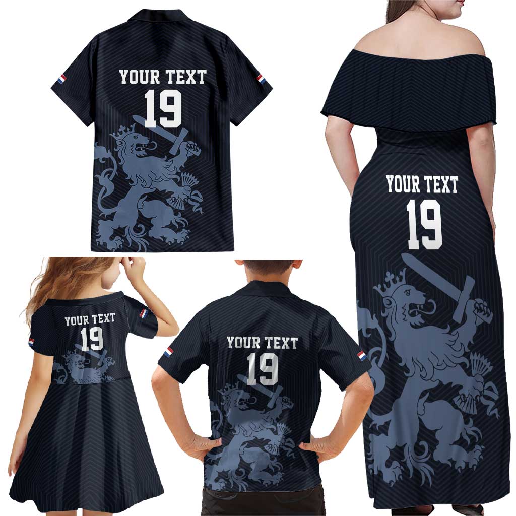 Custom World Football 2026 Netherlands Family Matching Off Shoulder Maxi Dress and Hawaiian Shirt Holland Navy Dutch Lion - Wonder Print Shop