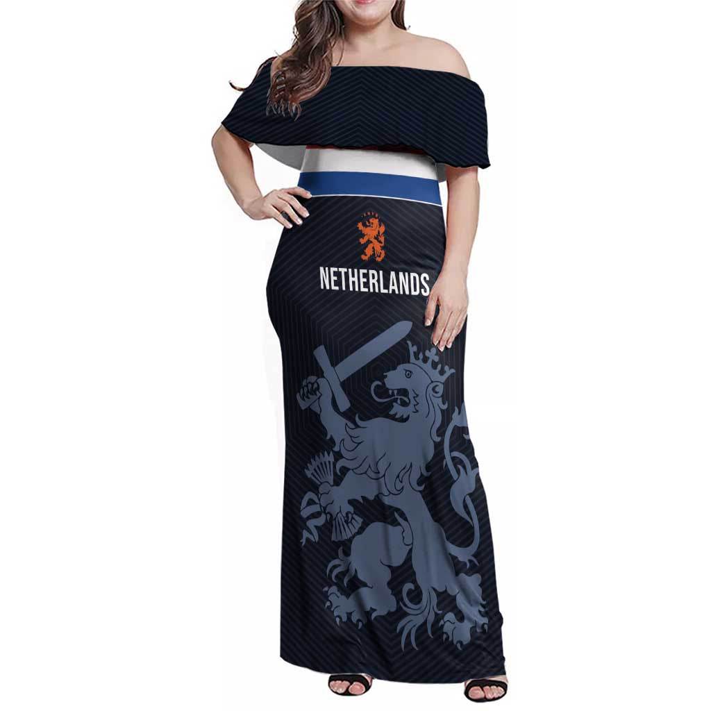 Custom World Football 2026 Netherlands Family Matching Off Shoulder Maxi Dress and Hawaiian Shirt Holland Navy Dutch Lion - Wonder Print Shop
