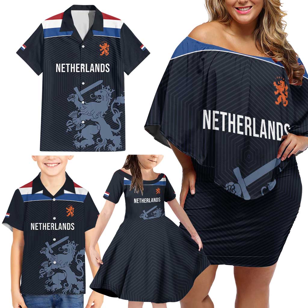 Custom World Football 2026 Netherlands Family Matching Off Shoulder Short Dress and Hawaiian Shirt Holland Navy Dutch Lion - Wonder Print Shop