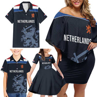 Custom World Football 2026 Netherlands Family Matching Off Shoulder Short Dress and Hawaiian Shirt Holland Navy Dutch Lion - Wonder Print Shop