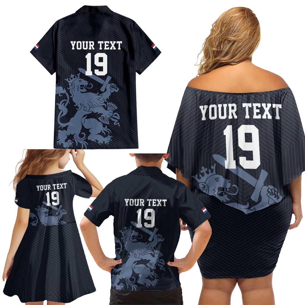 Custom World Football 2026 Netherlands Family Matching Off Shoulder Short Dress and Hawaiian Shirt Holland Navy Dutch Lion - Wonder Print Shop