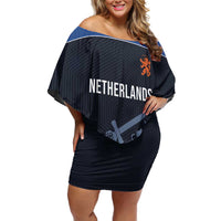 Custom World Football 2026 Netherlands Family Matching Off Shoulder Short Dress and Hawaiian Shirt Holland Navy Dutch Lion - Wonder Print Shop