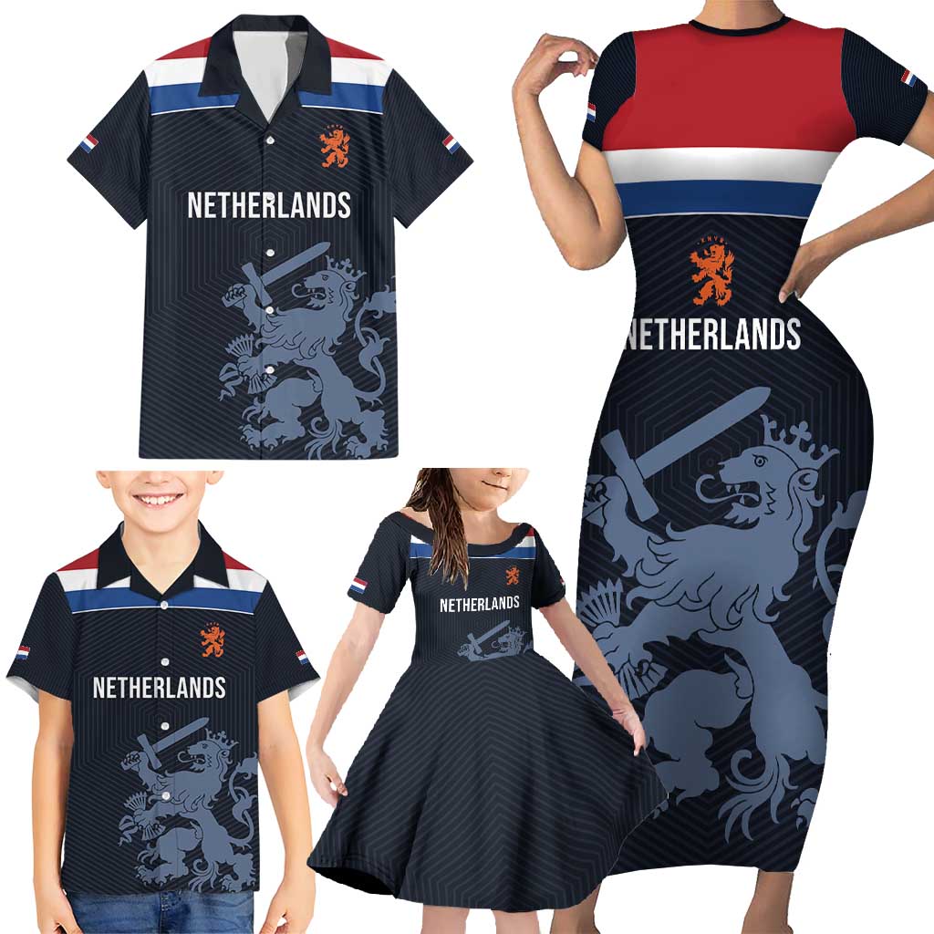 Custom World Football 2026 Netherlands Family Matching Short Sleeve Bodycon Dress and Hawaiian Shirt Holland Navy Dutch Lion - Wonder Print Shop