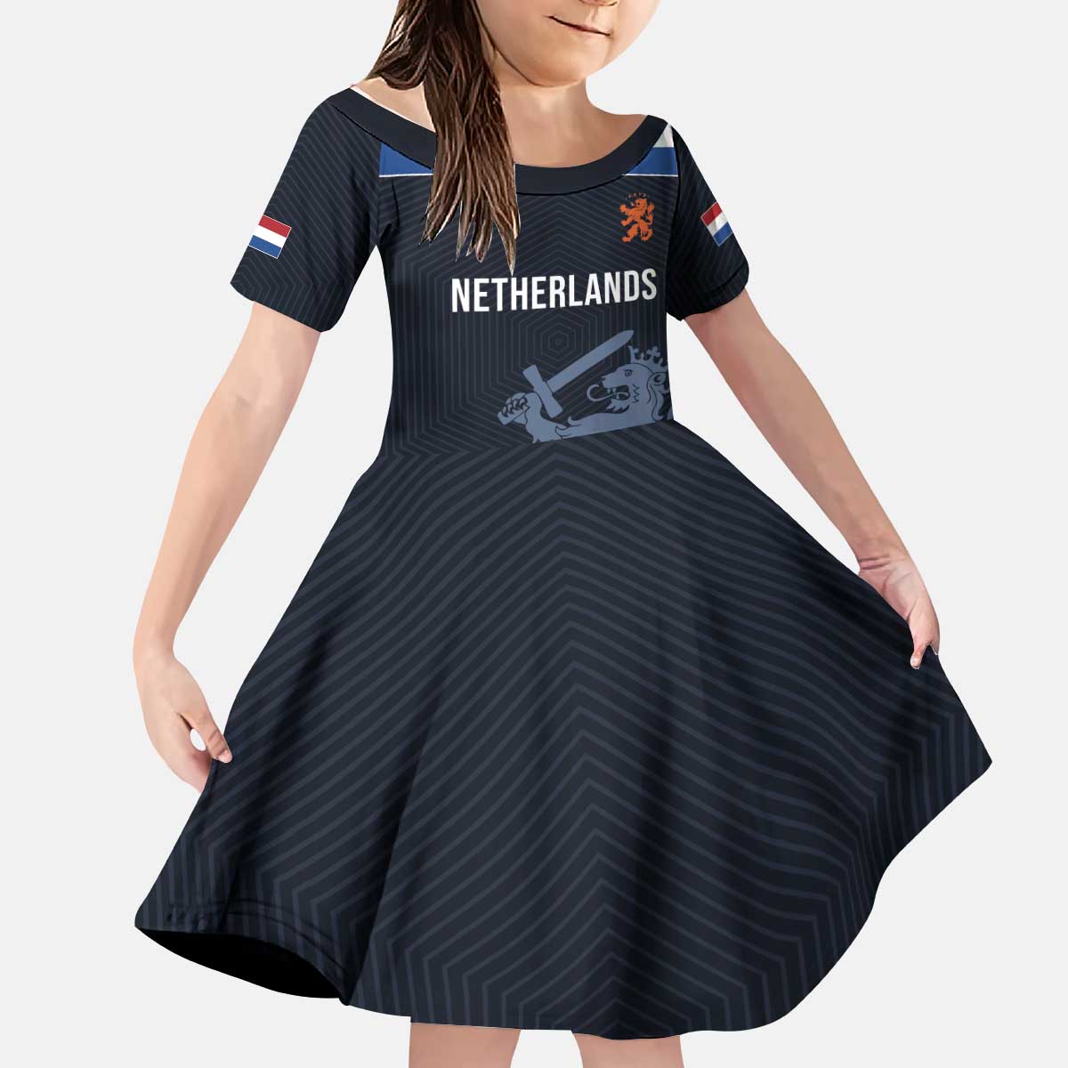 Custom World Football 2026 Netherlands Kid Short Sleeve Dress Holland Navy Dutch Lion - Wonder Print Shop