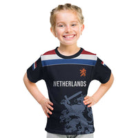 Custom World Football 2026 Netherlands Kid T Shirt Holland Navy Dutch Lion - Wonder Print Shop