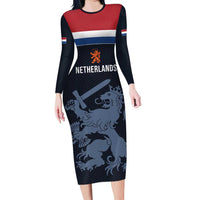 Custom World Football 2026 Netherlands Long Sleeve Bodycon Dress Holland Navy Dutch Lion - Wonder Print Shop