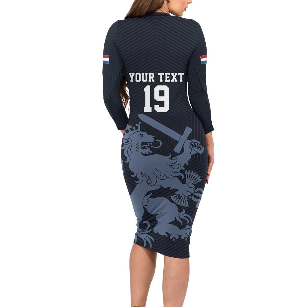 Custom World Football 2026 Netherlands Long Sleeve Bodycon Dress Holland Navy Dutch Lion - Wonder Print Shop