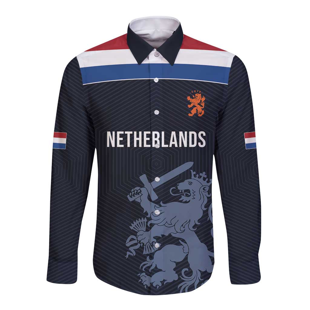 Custom World Football 2026 Netherlands Long Sleeve Button Shirt Holland Navy Dutch Lion - Wonder Print Shop
