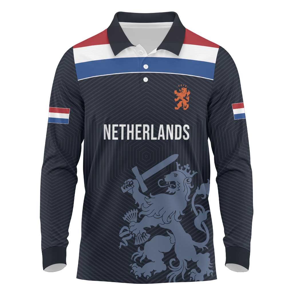 Custom World Football 2026 Netherlands Long Sleeve Polo Shirt Holland Navy Dutch Lion - Wonder Print Shop