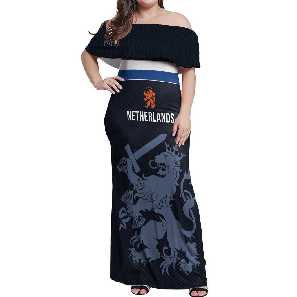 Custom World Football 2026 Netherlands Off Shoulder Maxi Dress Holland Navy Dutch Lion - Wonder Print Shop