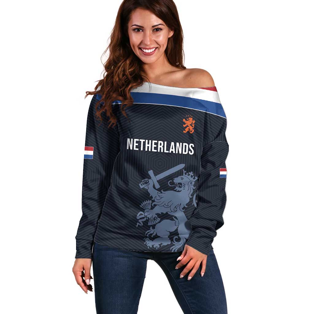 Custom World Football 2026 Netherlands Off Shoulder Sweater Holland Navy Dutch Lion - Wonder Print Shop