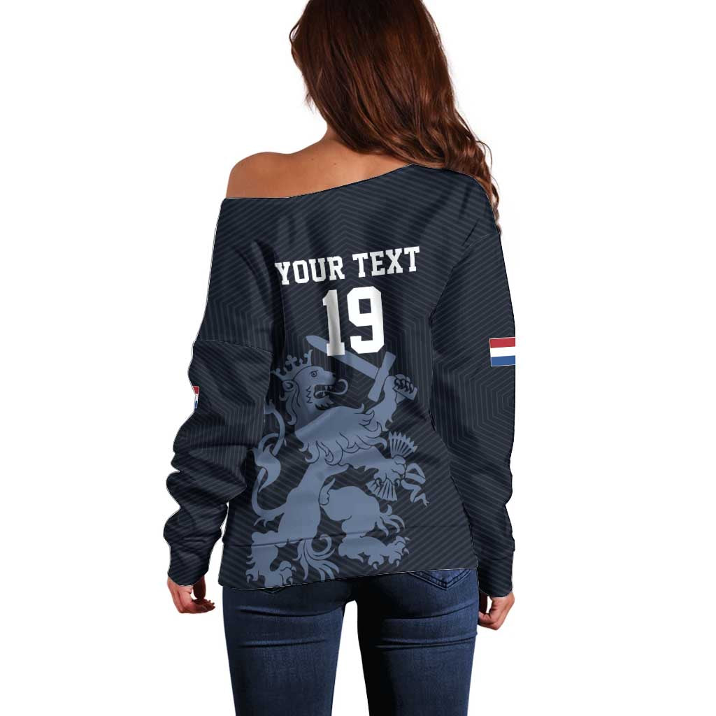 Custom World Football 2026 Netherlands Off Shoulder Sweater Holland Navy Dutch Lion - Wonder Print Shop