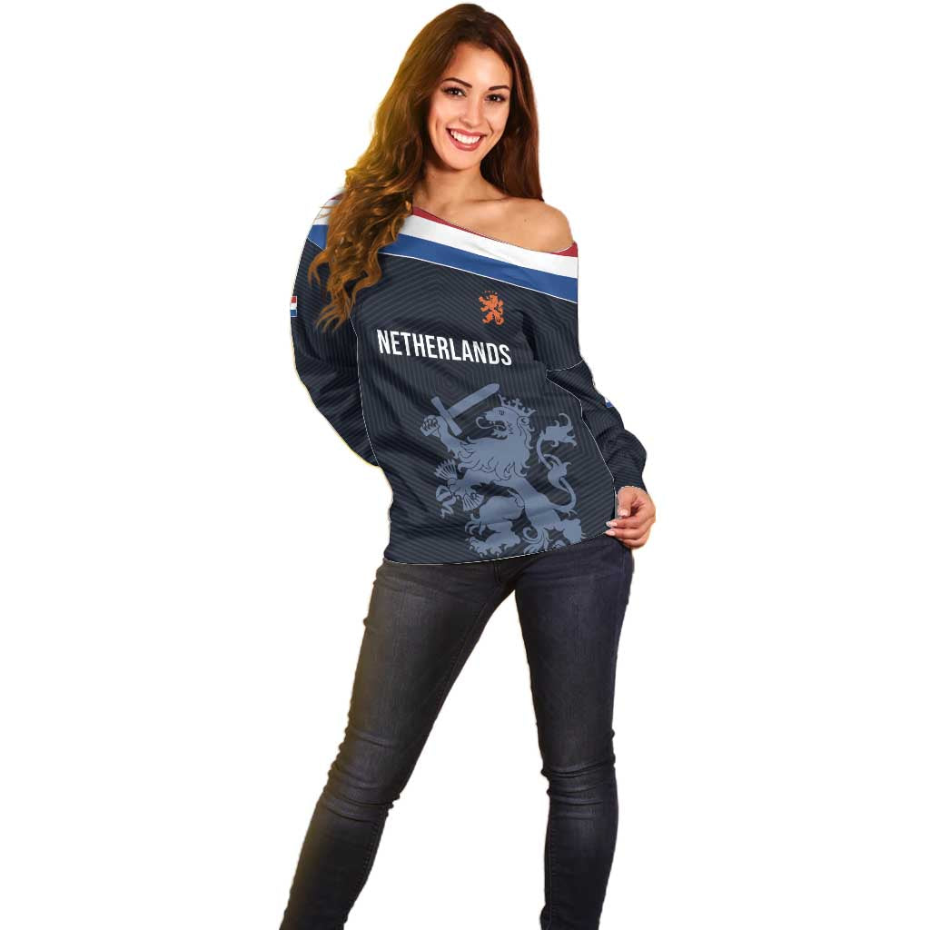Custom World Football 2026 Netherlands Off Shoulder Sweater Holland Navy Dutch Lion - Wonder Print Shop