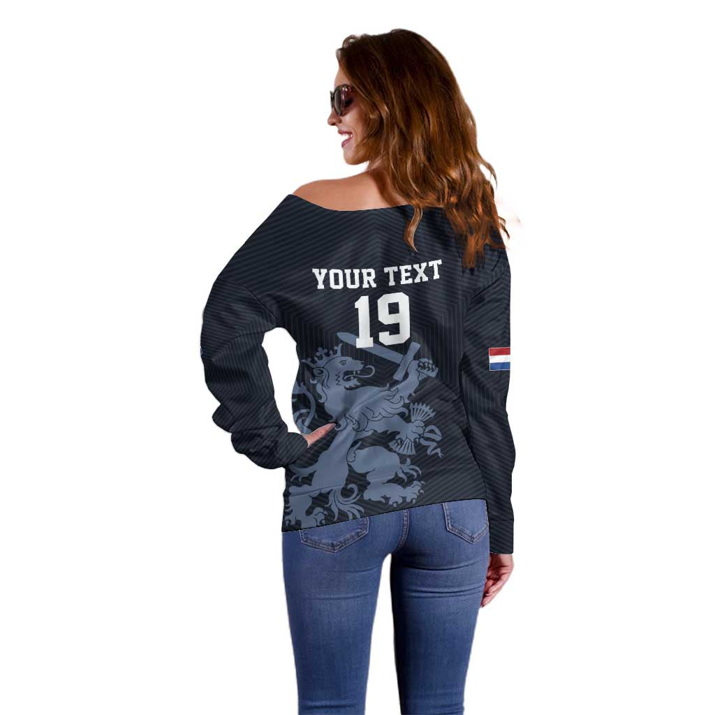 Custom World Football 2026 Netherlands Off Shoulder Sweater Holland Navy Dutch Lion - Wonder Print Shop