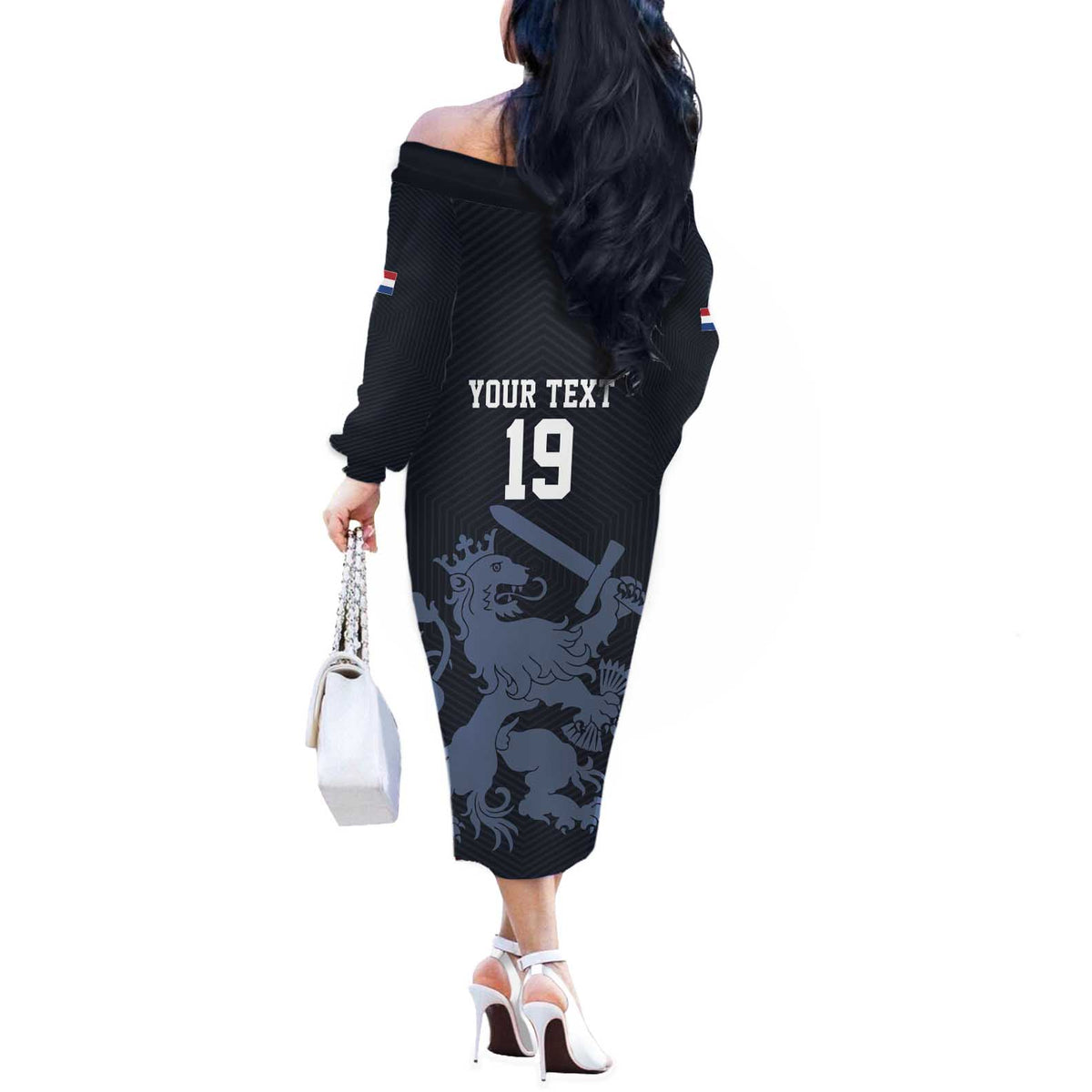 Custom World Football 2026 Netherlands Off The Shoulder Long Sleeve Dress Holland Navy Dutch Lion - Wonder Print Shop