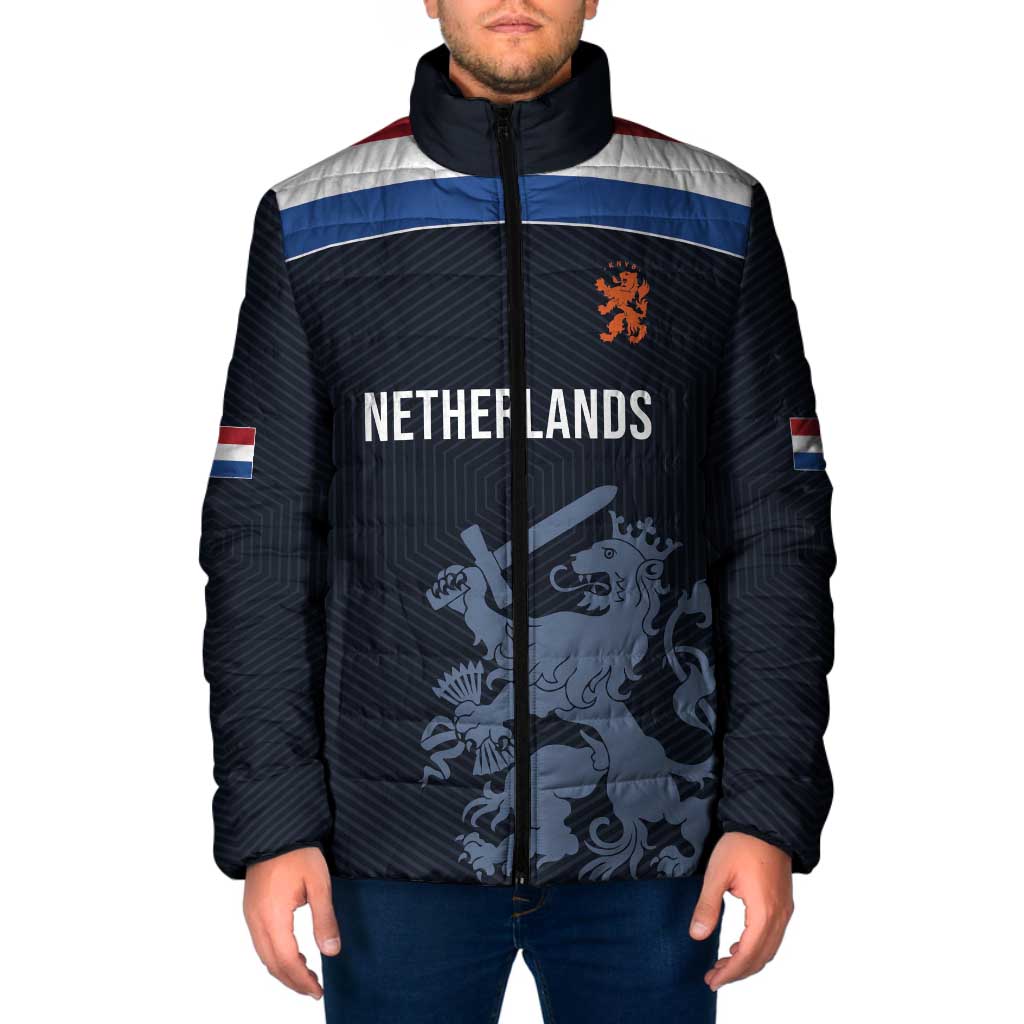 Custom World Football 2026 Netherlands Padded Jacket Holland Navy Dutch Lion - Wonder Print Shop